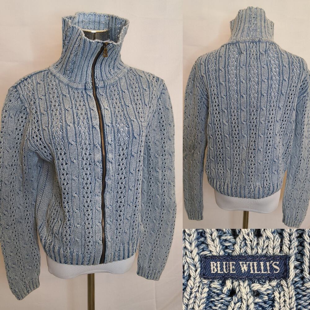 Blue Willi's Sweater Women's S Vintage Blue Cable Knit Full Zip #W5222